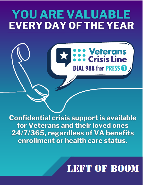 You are valuable every day of the year. Dial 988 then press 1. Confidential crisis support is available for Veterans and their loved ones 24/7/265, regardless of VA benefits enrollment or health care status.